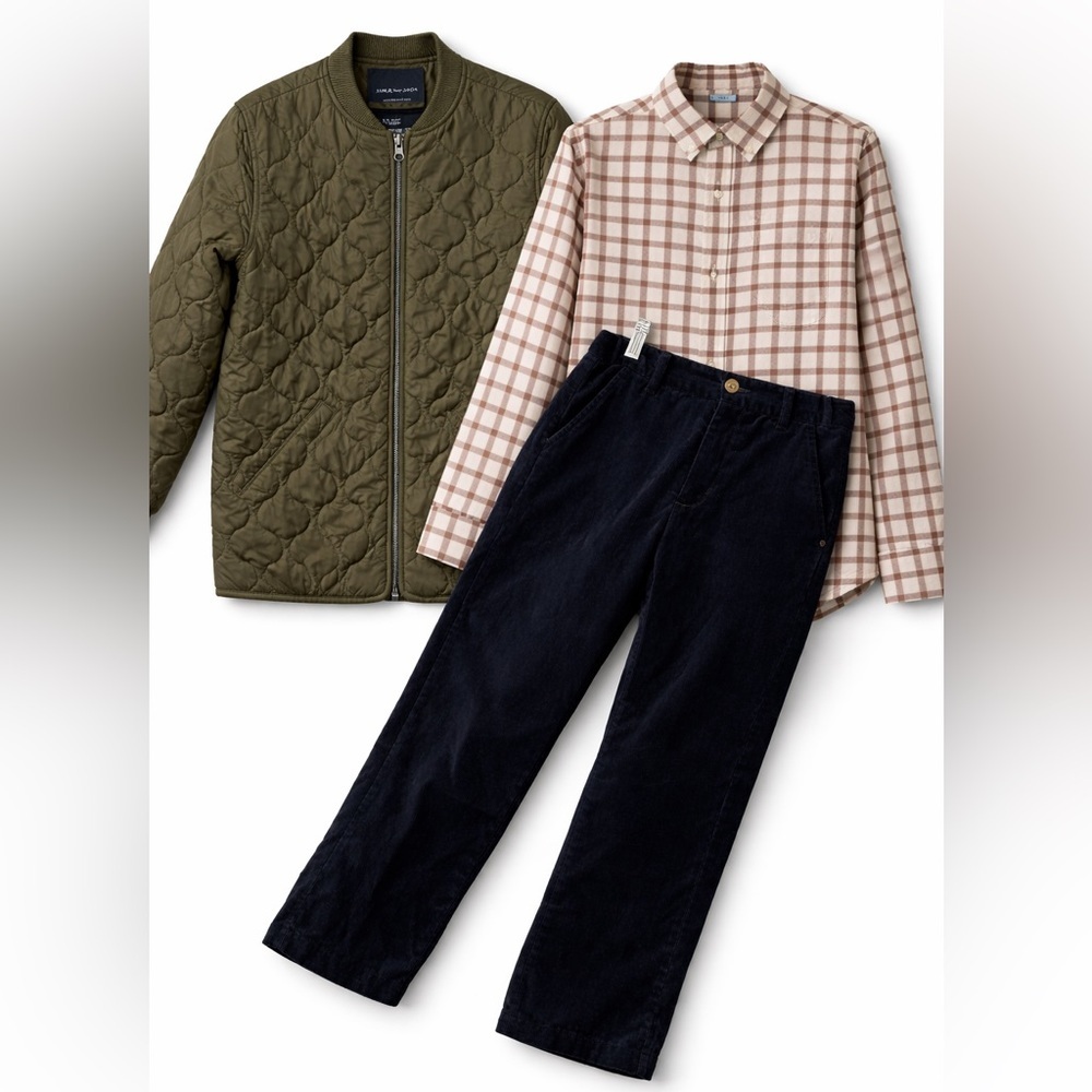 Janie and Jack Boys Size 6 Outfit Bundle Plaid Shirt Velvet Pants Quilted Jacket